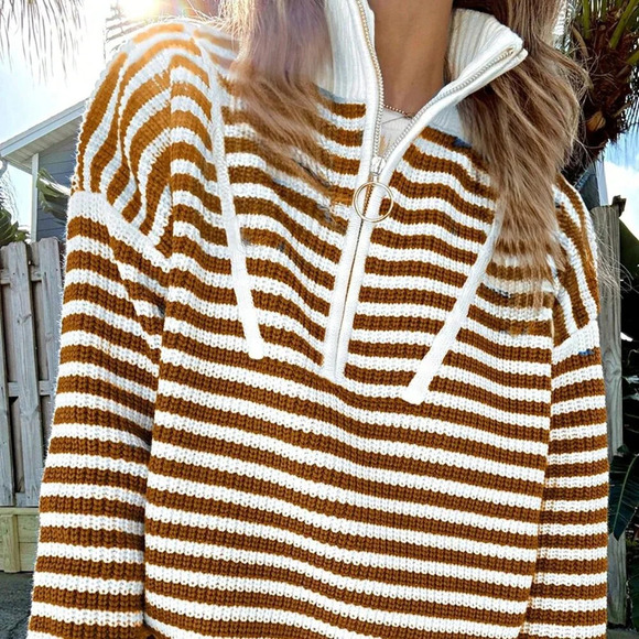 Khaki Cute Women's Boho Cotton Drop Shoulder Oversized Zip Up Pullover Sweater - Picture 1 of 3